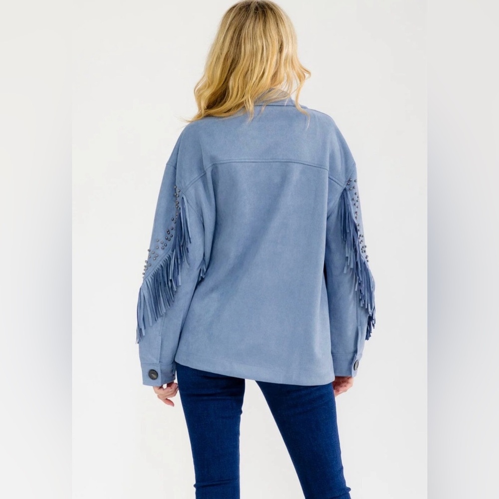 Fringed Studded Suede Jacket - Light Blue - Picture 4 of 4